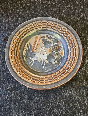 Hand-Painted Decorative Ceramic Plate in Black and Terracotta